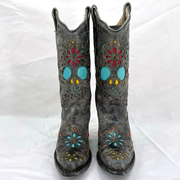Corral Sugar Skull Cowboy Western Boot Dark Gray Distressed Leather R2475 Size 6