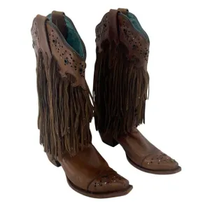 Corral Vintage Women's Brown Fringe Studded Unique Leather Western Boots Size 9