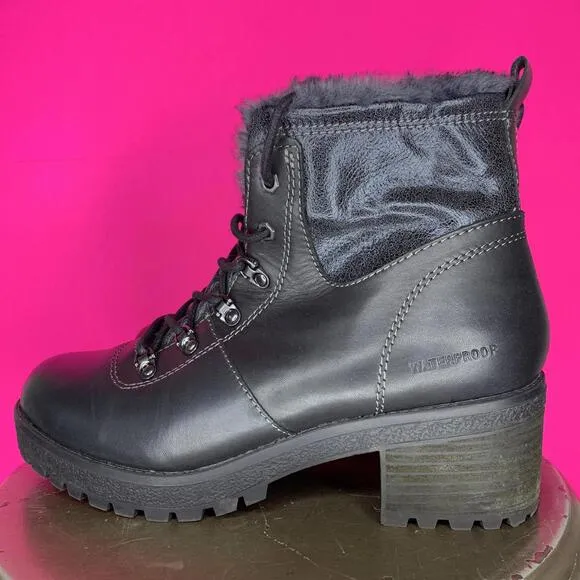 Cougar Dixon Waterproof Black Leather Block Heel Lace-Up Boot Sz 10