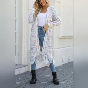 Crochet Knit Fringe Long Cardigan Size S-3X in Cream