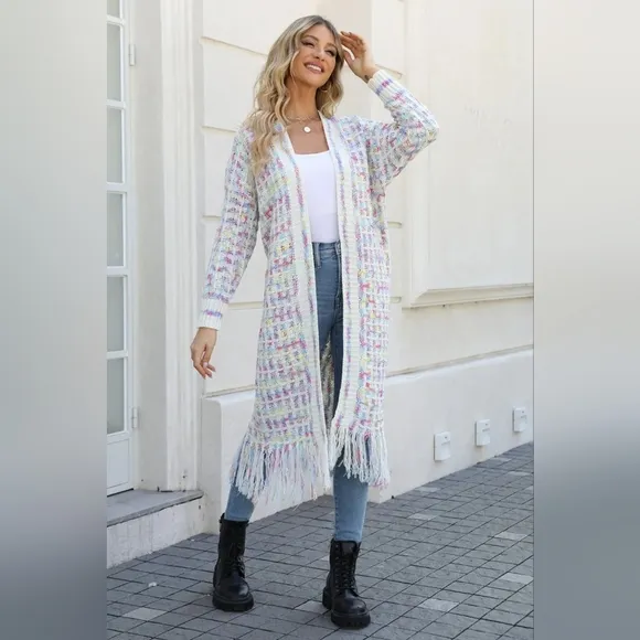 Crochet Knit Fringe Long Cardigan Size S-3X in Cream
