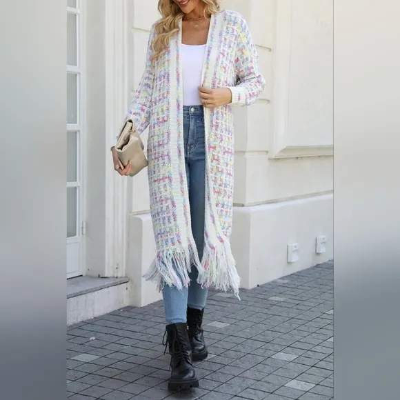 Crochet Knit Fringe Long Cardigan Size S-3X in Cream