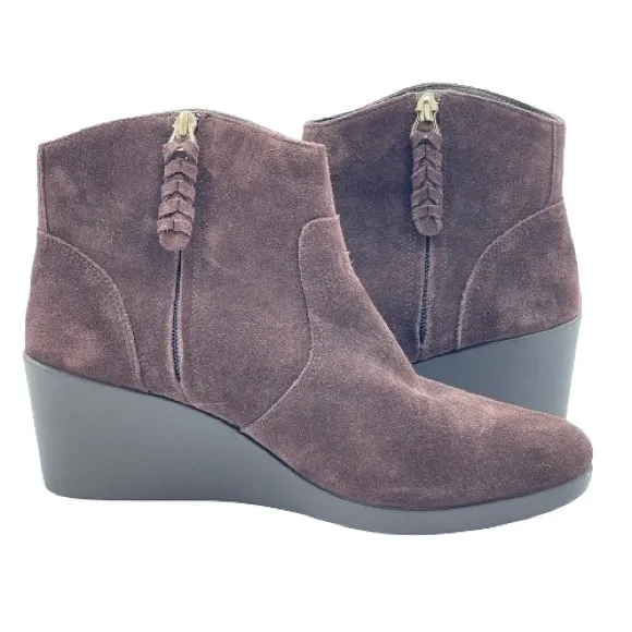 CROCS Leigh Wedge Booties Brown Synthetic Sued Side Zip Ankle Boots W10