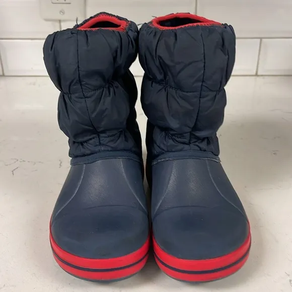 Crocs Winter Puff Boot Kids Size 12 Navy Blue &amp; Red