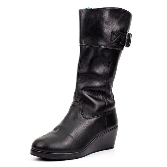Crocs Women Leigh Black Leather Comfortable Buckle Knee Boots size 6.5