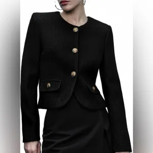 Cropped Crew Neck Casual Tweed Blazer Elegant Slim Jacket with Fake Pockets