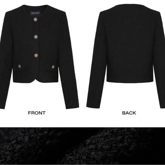 Cropped Crew Neck Casual Tweed Blazer Elegant Slim Jacket with Fake Pockets