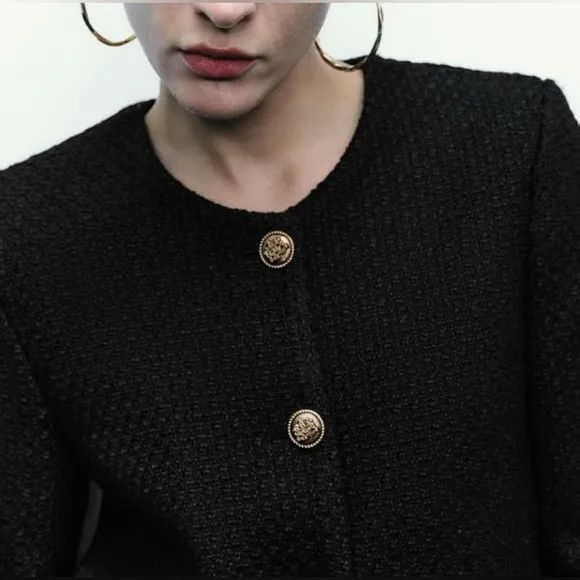 Cropped Crew Neck Casual Tweed Blazer Elegant Slim Jacket with Fake Pockets