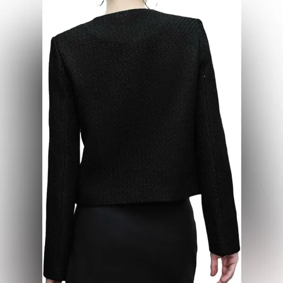 Cropped Crew Neck Casual Tweed Blazer Elegant Slim Jacket with Fake Pockets