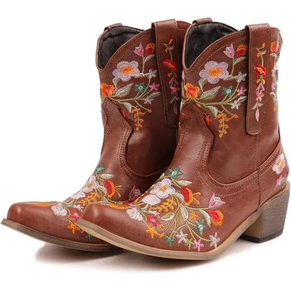 Crysigne Cowboy Boots Women Brown Synthetic Embroidered Square Toe Western Boot