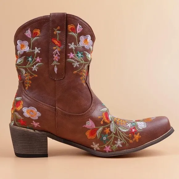 Crysigne Cowboy Boots Women Brown Synthetic Embroidered Square Toe Western Boot