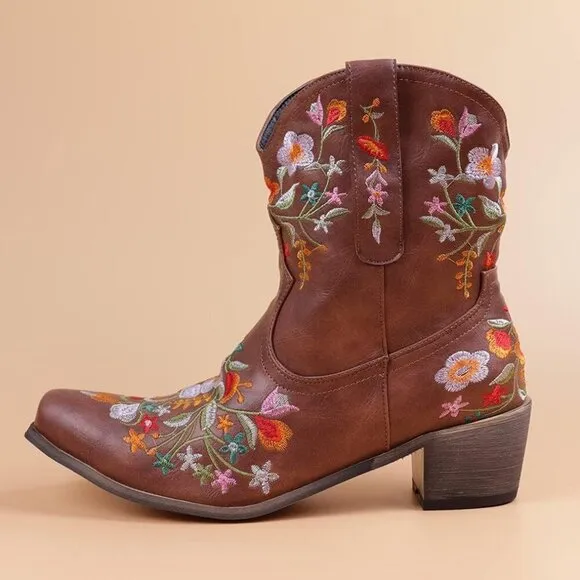 Crysigne Cowboy Boots Women Brown Synthetic Embroidered Square Toe Western Boot