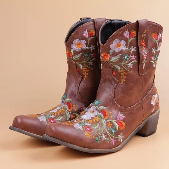 Crysigne Cowboy Boots Women Brown Synthetic Embroidered Square Toe Western Boot