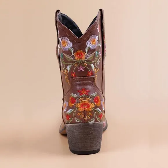 Crysigne Cowboy Boots Women Brown Synthetic Embroidered Square Toe Western Boot