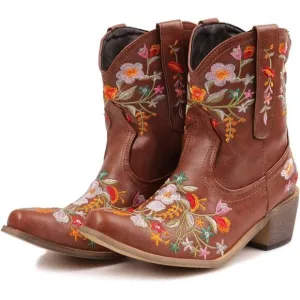 Crysigne Cowboy Boots Women Brown Synthetic Embroidered Square Toe Western Boot