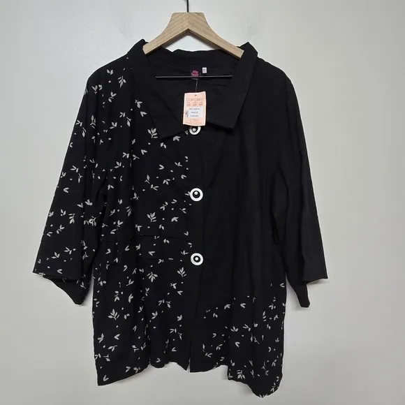 Cupcake International Black Art to Wear Design Jacket Leaf Pearl Button Sz XL