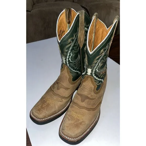 Derramadero Embroidered Western Boots Green/ Brown Leather Men 27.5 US‎ 9.5