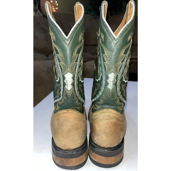 Derramadero Embroidered Western Boots Green/ Brown Leather Men 27.5 US‎ 9.5