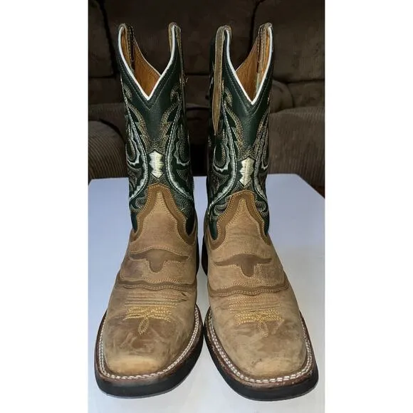 Derramadero Embroidered Western Boots Green/ Brown Leather Men 27.5 US‎ 9.5