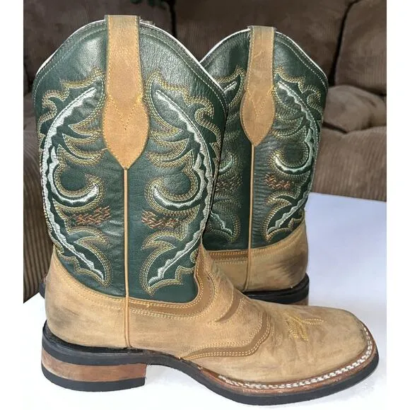 Derramadero Embroidered Western Boots Green/ Brown Leather Men 27.5 US‎ 9.5