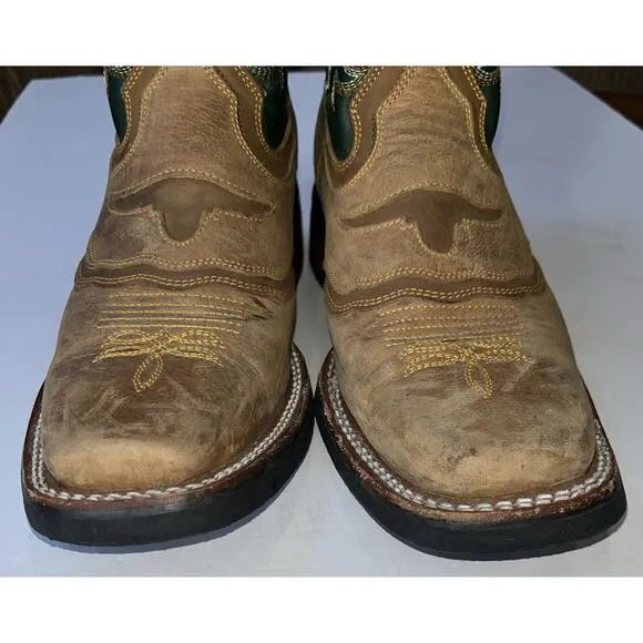 Derramadero Embroidered Western Boots Green/ Brown Leather Men 27.5 US‎ 9.5