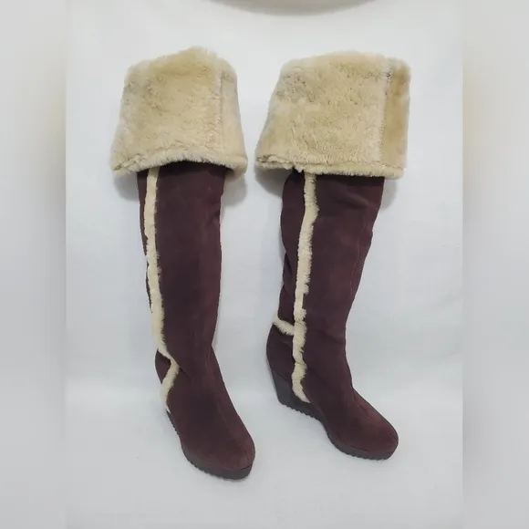 Diane Von Furstenberg Brown Suede Faux Fur Wedge Heel Boots