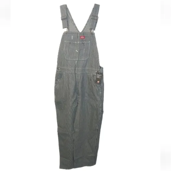 Dickies Hickory Striped Carpenter Bib Overalls Men 36 X 30 Relaxed Fit Black Nwt