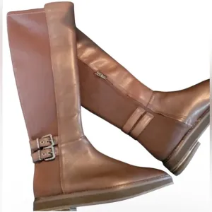 DKNY LENA KNEE-HIGH BOOTS CALF BARK /BAR LEATHER RIDING WOMEN COLOR BROWN SIZE 9