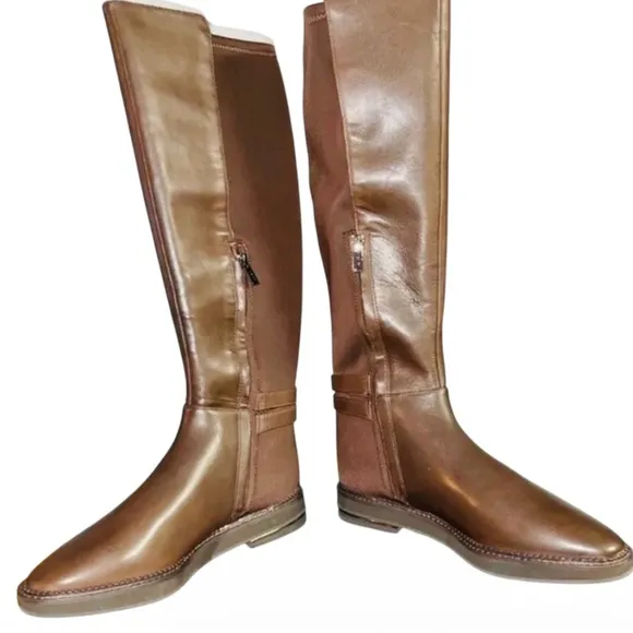DKNY LENA KNEE-HIGH BOOTS CALF BARK /BAR LEATHER RIDING WOMEN COLOR BROWN SIZE 9
