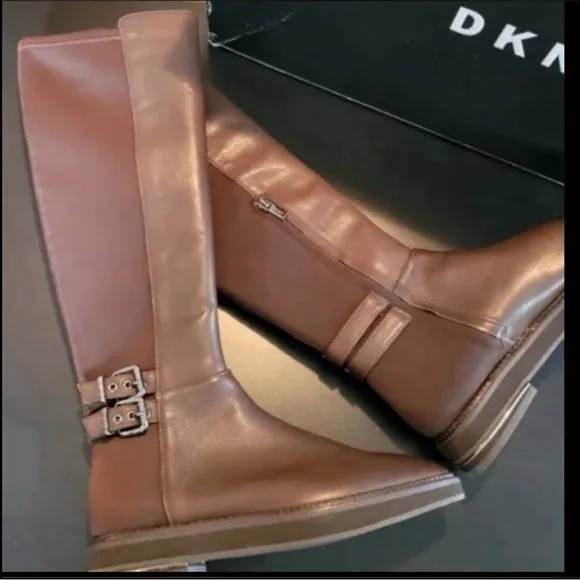 DKNY LENA KNEE-HIGH BOOTS CALF BARK /BAR LEATHER RIDING WOMEN COLOR BROWN SIZE 9