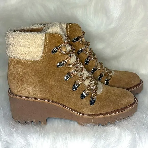Dolce Vita Hanley Sherpa Suede Tan Lace Up Combat Wedge Boot