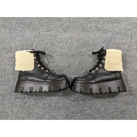 Dolls Kill Cape Robbin Size 7 Chunky Platform Ankle Boots Faux Fur Leather Black
