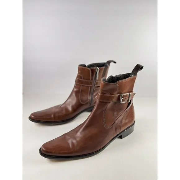 Donald J Pliner Men Boots Brown Leather Zip Up Ankle Bootie Saddle Buckle US 8.5