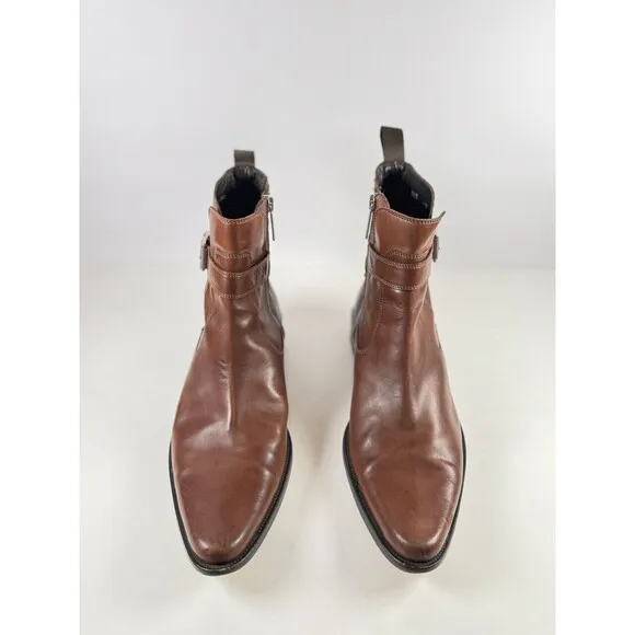 Donald J Pliner Men Boots Brown Leather Zip Up Ankle Bootie Saddle Buckle US 8.5