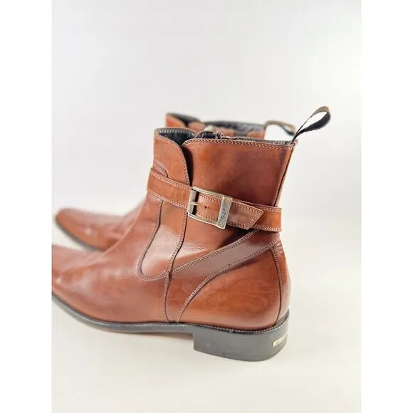 Donald J Pliner Men Boots Brown Leather Zip Up Ankle Bootie Saddle Buckle US 8.5
