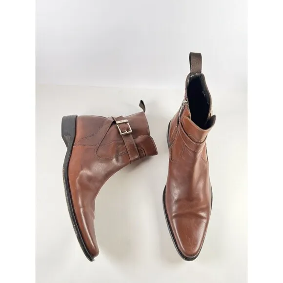 Donald J Pliner Men Boots Brown Leather Zip Up Ankle Bootie Saddle Buckle US 8.5