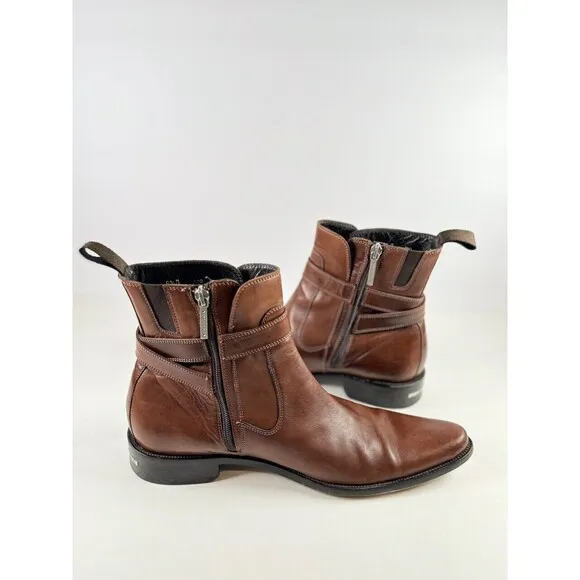 Donald J Pliner Men Boots Brown Leather Zip Up Ankle Bootie Saddle Buckle US 8.5