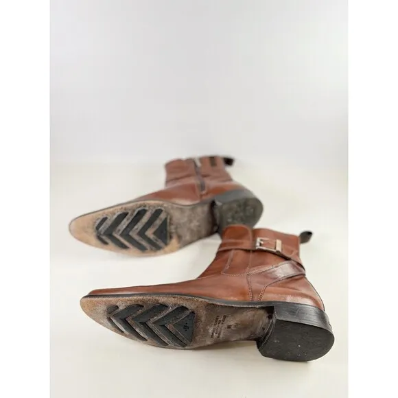 Donald J Pliner Men Boots Brown Leather Zip Up Ankle Bootie Saddle Buckle US 8.5