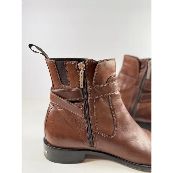 Donald J Pliner Men Boots Brown Leather Zip Up Ankle Bootie Saddle Buckle US 8.5