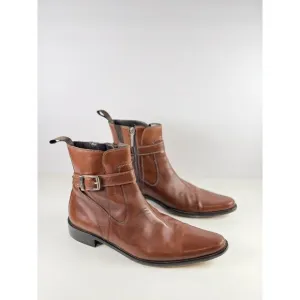Donald J Pliner Men Boots Brown Leather Zip Up Ankle Bootie Saddle Buckle US 8.5