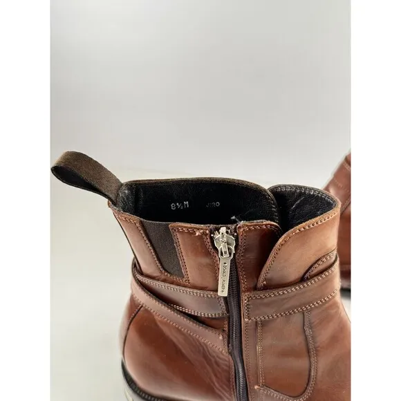 Donald J Pliner Men Boots Brown Leather Zip Up Ankle Bootie Saddle Buckle US 8.5
