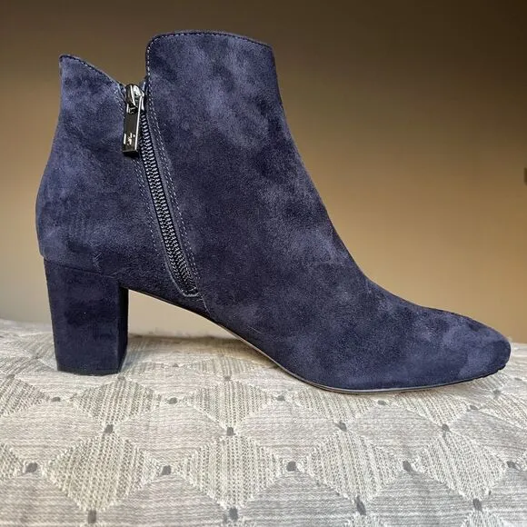 Donald Pliner Jorie Navy Blue Suede Bootie Boots Block Heel Side Zip Women 6.5 M