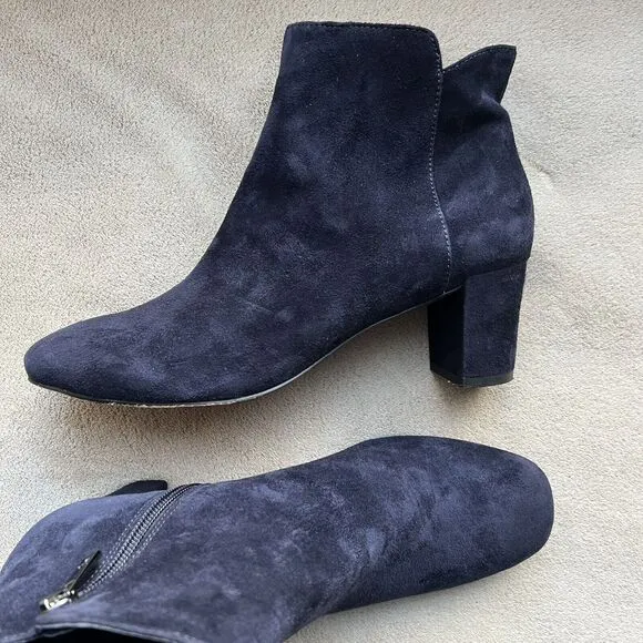 Donald Pliner Jorie Navy Blue Suede Bootie Boots Block Heel Side Zip Women 6.5 M