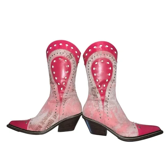 Donald Pliner Western Couture Collection Jaycee Pink Studded Women Boots Size 7