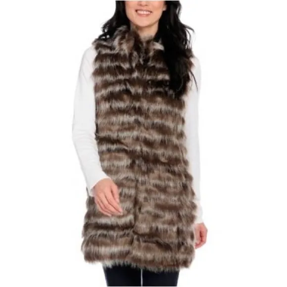 Donna Salyers' Fabulous-Furs Faux Fur Stand Collar Hook Front Vest Size XL Brown