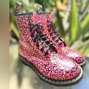 DR MARTENS 1460 Skull Leopard Smooth Leather Lace-Up Boot Clash Pink Size 7