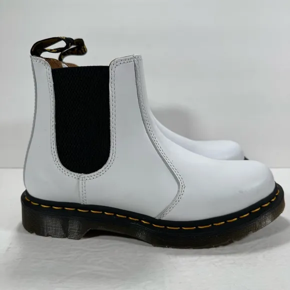 Dr. Martens 2976 Yellow Stitch Smooth White Leather Chelsea Boots Women Size 8