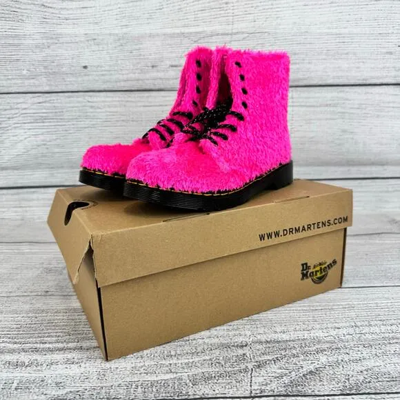 Dr. Martens Girl's Pink 1460 Tinsel Faux Fur Fuzzy Boots Size 4
