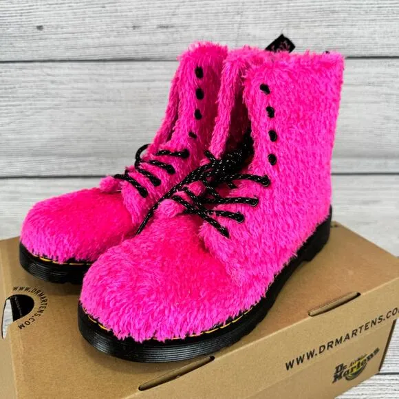 Dr. Martens Girl's Pink 1460 Tinsel Faux Fur Fuzzy Boots Size 4
