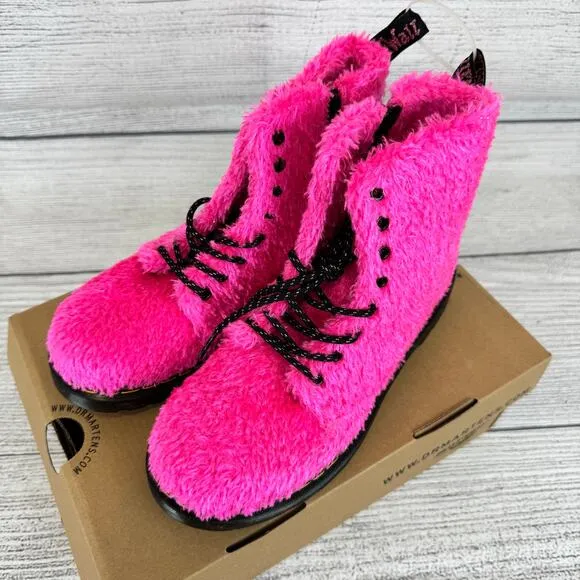 Dr. Martens Girl's Pink 1460 Tinsel Faux Fur Fuzzy Boots Size 4